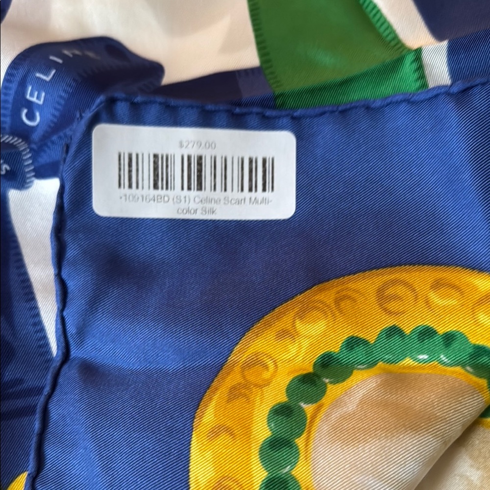 ***New Celine Paris Silk Scarf with Blue and Green with Gold Accents*** - Picture 4 of 7